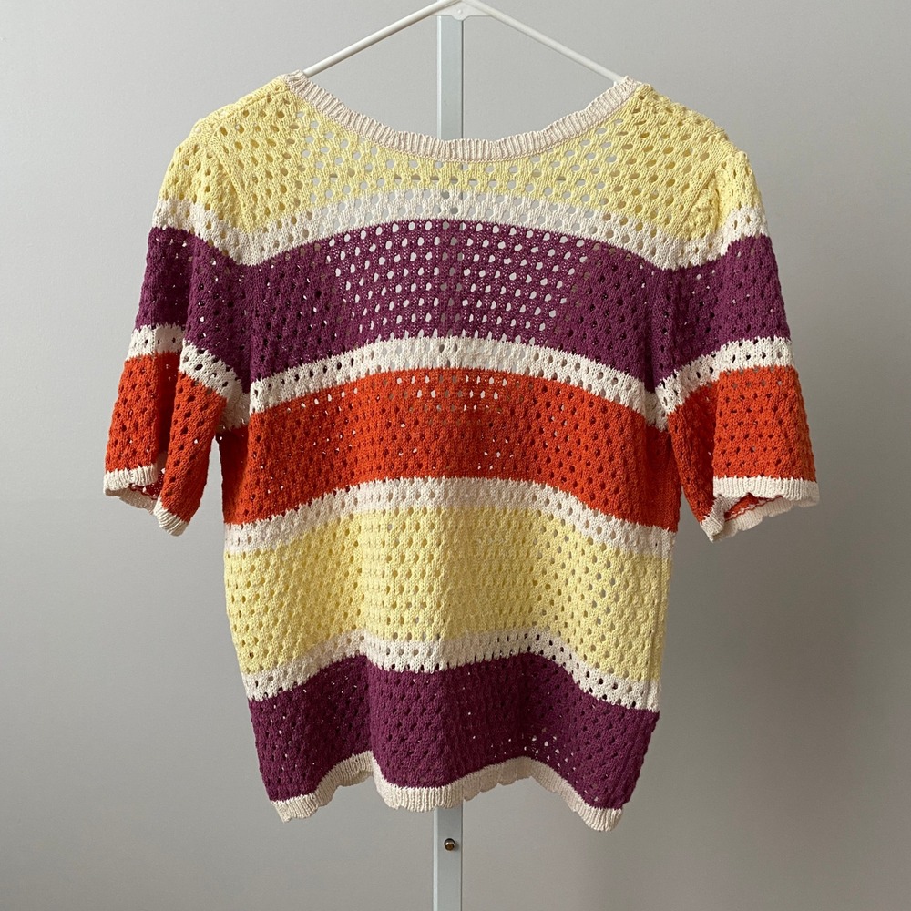 Beachy Boho M Multicolor Crochet Striped Knit Festival Scoop Neck Top